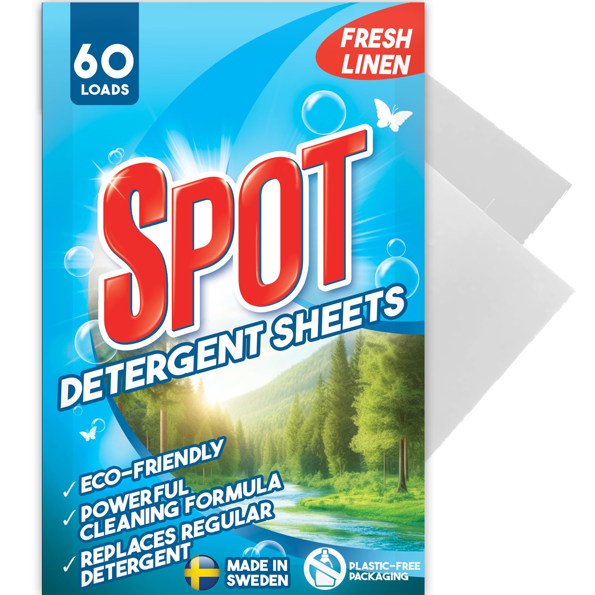 Photo 1 of Laundry Detergent Sheets (60 Loads), Fresh Linen Scent, Made in Sweden, Plastic Free Packaging, Eco Friendly, Liquidless & Mess Free, No Spills, TSA Compliant Travel Laundry Detergent