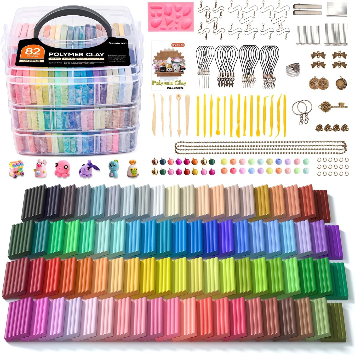 Shuttle Art Polymer Clay Modeling Kit, 82 Colors, Oven Bake, Non-Toxic, Non-Sticky, Ideal DIY Art Craft Kit for Kids & Adults, Includes 19 Tools & 16 Accessories