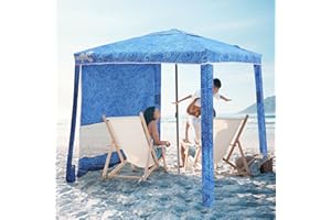 Jihfmo Beach Cabana, 6.2'×6.2' Beach Canopy with Side Wall, UPF 50+ UV Protection Easy Setup Tent Sun Shelter with Sand Pockets for Whole Family(Surging Waves)
