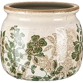 Ninehaoou Vintage Planter Large Ceramic Plants Pot Beige Green Leaves Pot | Crack Farmhouse Scroll Vase Flower Vase Pot Indoor Outdoor Home Kitchen Decor Rustic Cottage Antique Decorative Plants Gifts