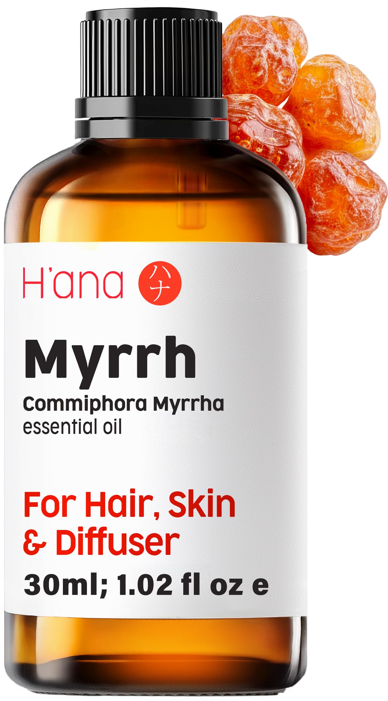 H'ana Myrrh Essential Oil - 100% Pure Myrrh Oil for Diffuser, Skin, Hair, Candle Making, and Massage - with Earthy, Resin and Mysterious Scents (30ml)