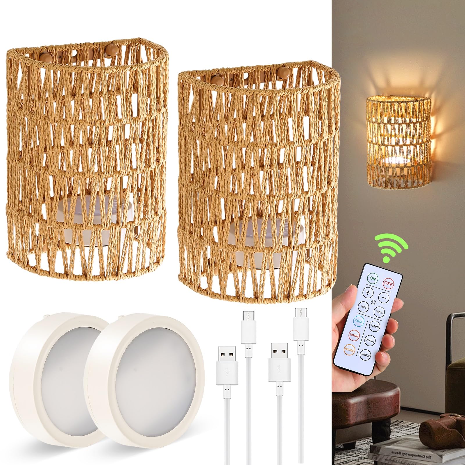 Photo 1 of Espossi Battery Operated Wall Sconce, Rattan Rechargeable Wall Sconce, Boho Wall Sconces Battery Operated with Remote, Wireless Sconces Set of 2 for Bedrooms, Hallway, Living Room