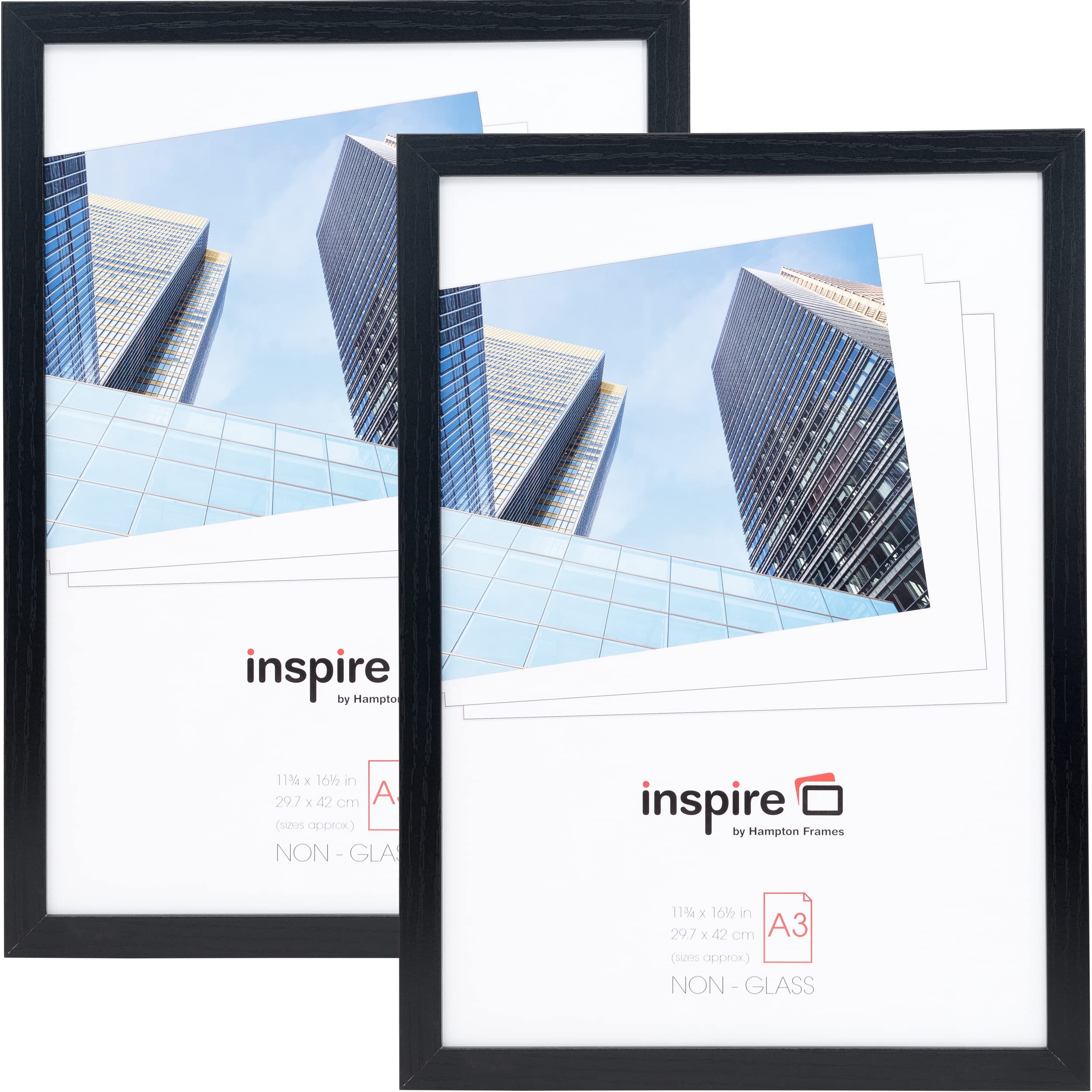 Hampton Frames | OXFORD A3 Poster Frame, 29.7x42cm, Black, Acrylic Front, Pack of 2 | Lightweight MDF, Wall Mount, Landscape or Portrait | Modern Home Décor Display