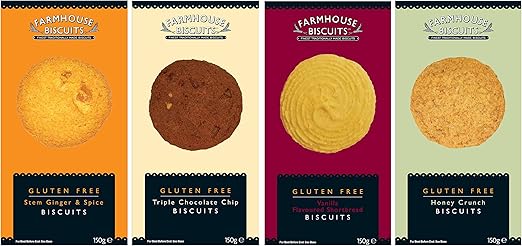4 X Gluten Free Cookies Farmhouse Biscuits Stem Ginger Spice Triple Chocolate Chip Vanilla Shortbread Honey Crunch Amazon Co Uk Grocery