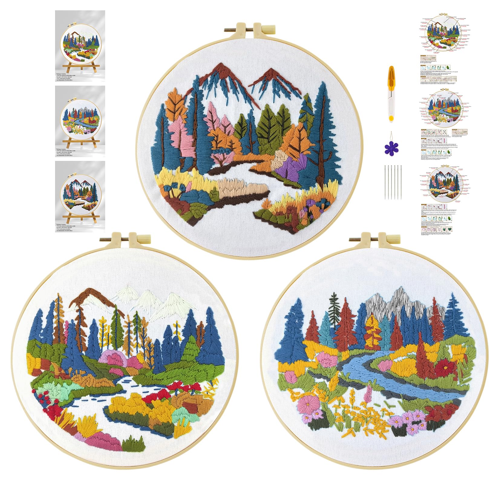 cukol cukol Embroidery Kit for Beginners, 3 Set Advanced Embroidery Starter Kit for Adults, Easy Landscape Pre Printed Stamped Cross Stitch Gift for Relaxation Craft Lovers or Home Decor