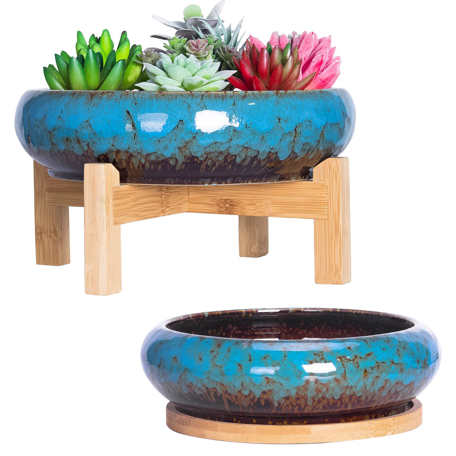 ARTKETTY Succulent Plant Pot - 18.5/25 CM Large Bonsai Pot with Tray Set of 2, Colorful Succulent Pot Ceramic Pots for Cactus Plants Garden Decorative Flower Pot