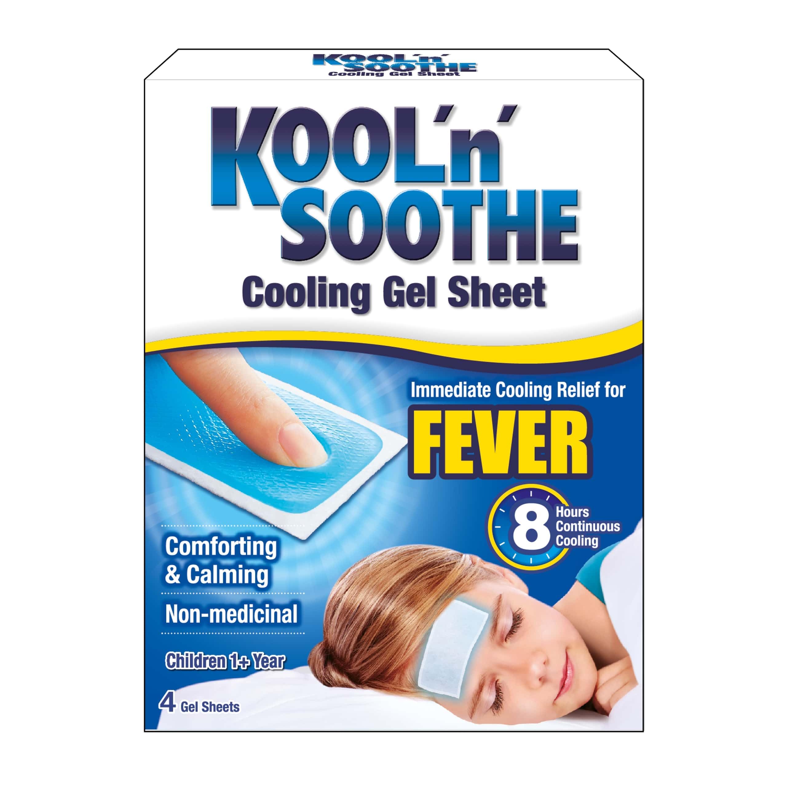 KOOL 'N' SOOTHE Fever Cooling Gel Sheets/ 4 Pack/Children 1+ Year/Immediate Cooling Relief for Fever