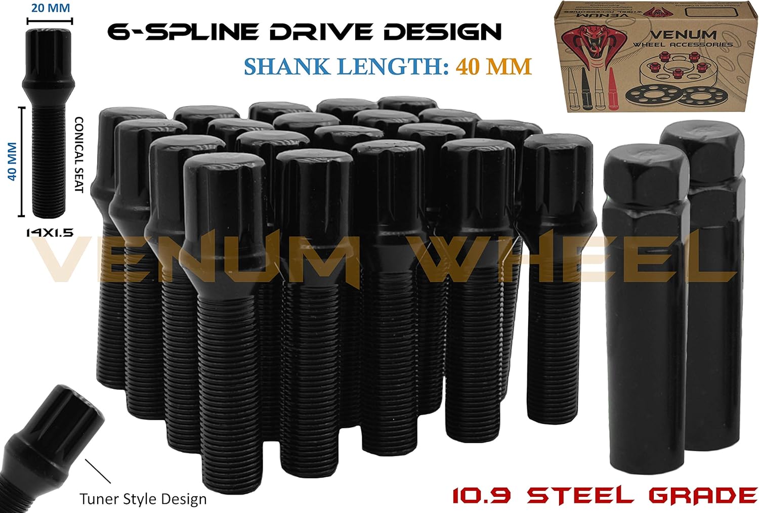 20 Pc Black 14x1 5b Spline Tuner Lug Bolts For Aftermarket Wheels 45 Mm Shank Length Wheel Bolt Extended Length For All Mercedes Benz Vehicles