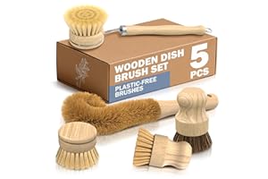 ZOKLU 5 Pcs Bamboo Dish Brush Set – Wooden Dish Brush with Ergonomic Handle for Scrubbing Pots and Pans – Durable, Scratch-Free Bristles for Effective Dishwashing & Easy Grip for Comfortable Use
