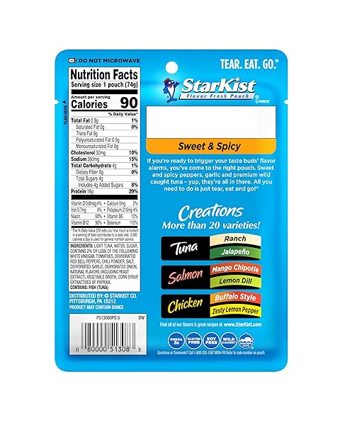 STARKIST TUNA CREATIONS SWEET AND SPICY, 2.6 OZ POUCH (1 PACK) READY TO EAT WILD CAUGHT TUNA, 16G PROTEIN, 90 CALORIES PER SERVING, GLUTEN FREE, SOY FREE, KOSHER, PERFECT FOR SALADS, MEALS AND SNACKS