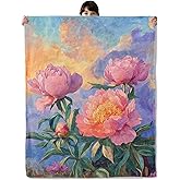 onlcuk Sunset Peony Garden Blanket, Cozy Flannel Pink Peonies Throw Blanket, Soft Fuzzy Blankets for Travel Home Decor, All Season Lightweight Couch Bed Cover, Gifts for Women Adults Kids 50"×60"