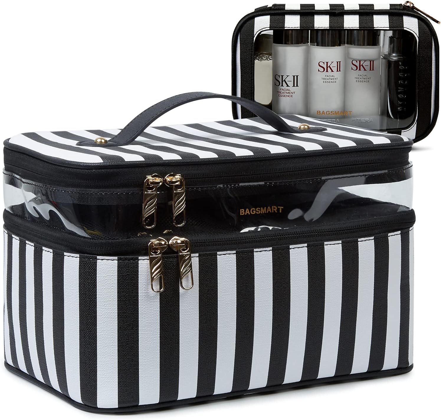 BAGSMART Large Cosmetic Bags Double Layer with Adjustable Dividers, 2 in 1 Makeup Bag Water-resistant Leather with Portable Clear Makeup Cases Travel, for Makeup, Cosmetics Tools, Brushes