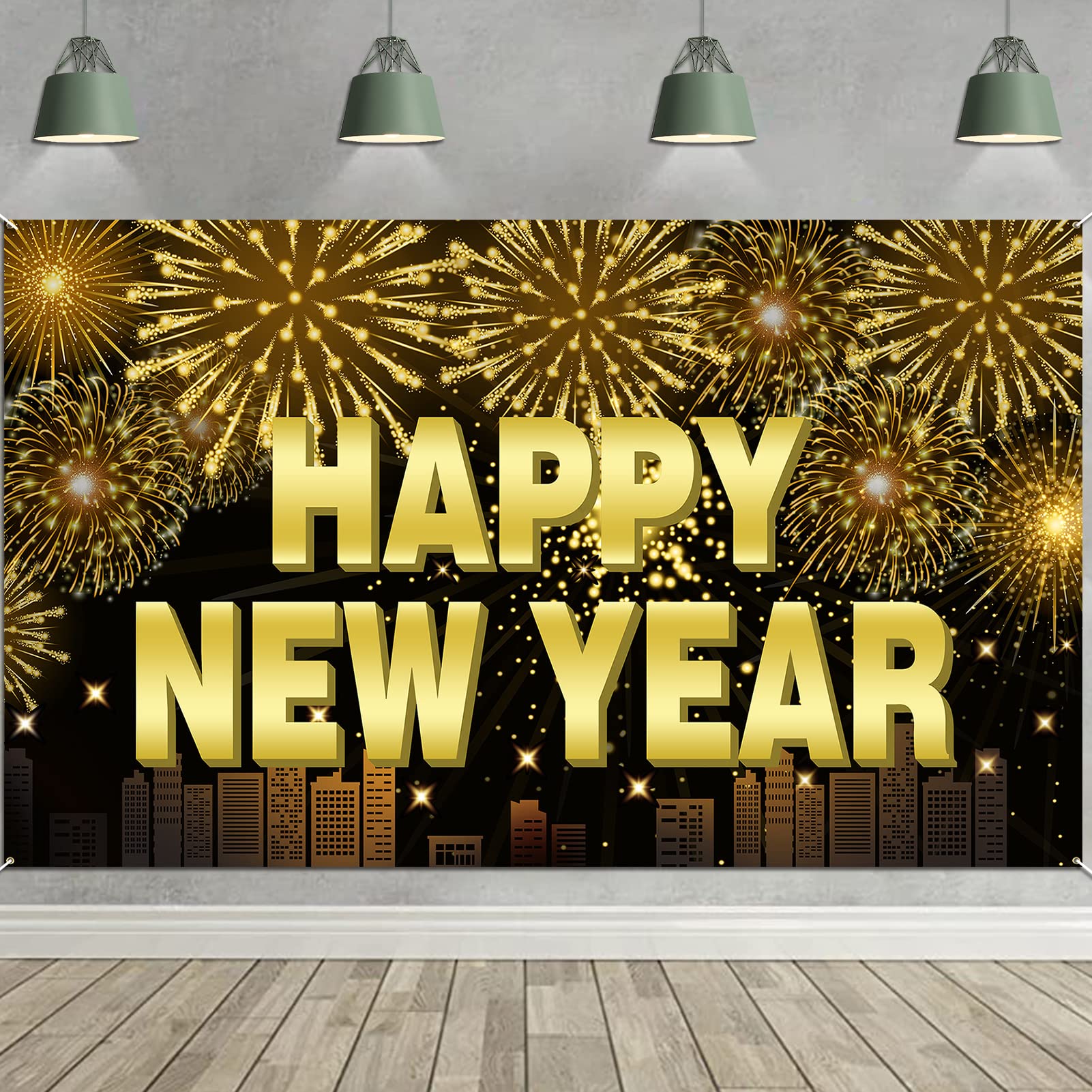 HOWAF New Years Eve Decorations 2026 Banner, Large Happy New Year Banner Backdrop Wall Fabric Background Photo Booth Props for NYE Party Decorations 2026, 185 x 110 cm, Black Gold