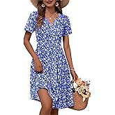 WNEEDU 2026 Summer Dress for Women V Neck Button Down Elastic Waist Sundress Casual Short Sleeve Midi Dresses with Pockets