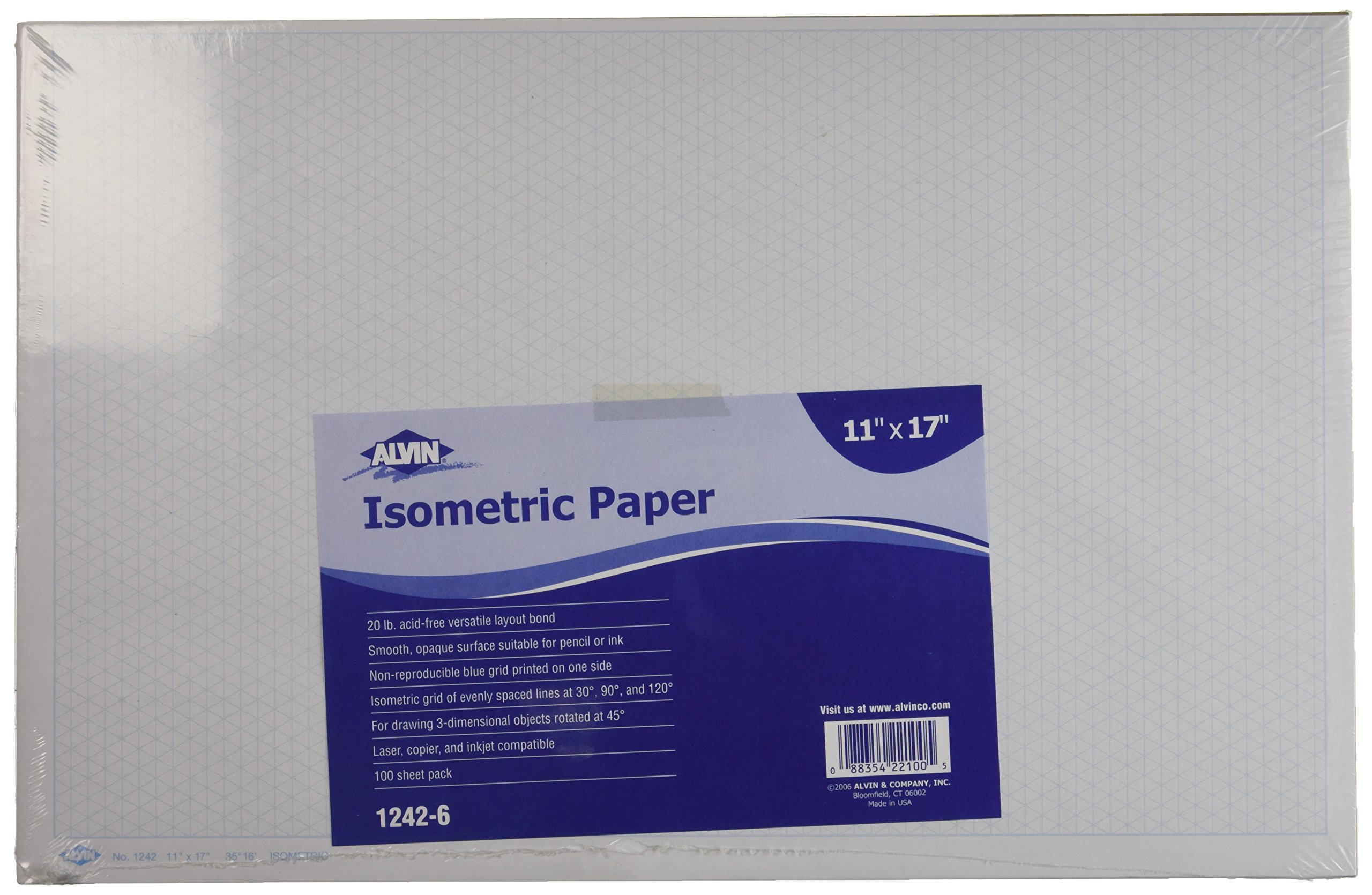 Alvin, Isometric Paper, Drafting and Graph Paper, Suitable for Pencil and Ink, Laser, Copier, and Inkjet Printer Compatible, 20 lb Basis, Acid-Free - 100 Sheets, 11" x 17"