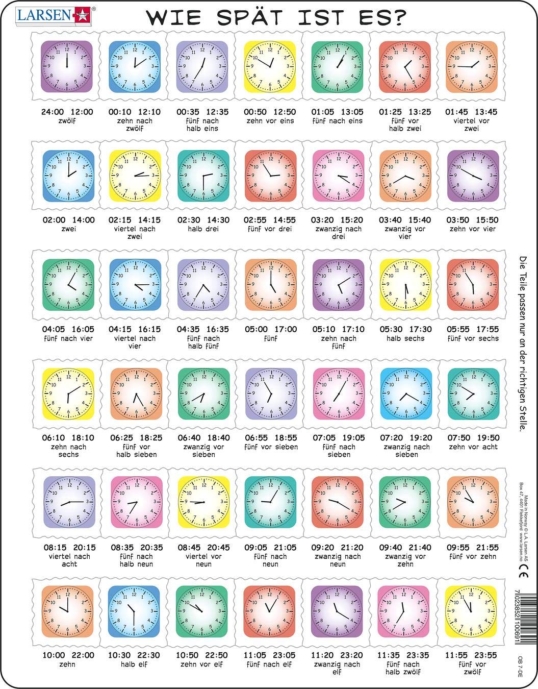 Larsen OB7 Learn the Clock Jigsaw Puzzle for Children 6 Years and Up, German Edition - 42 Pieces Puzzle | Clock Learning Puzzle for Boys and Girls | Boxless Tray & Frame Included