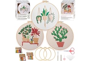 Ohcol 3 Sets Embroidery Kit for Beginners with Easy-to-Follow Operating Instructions,Cross Stitch Kits for Adults,Spider Plant,Cactus Patterns,Needlepoint Kits Include 3 Hoops,Color Threads,Needles