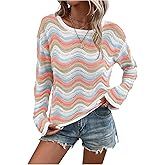 WDIRARA Women's Colorful Striped Hollow Out Crochet Sweater Long Sleeve Pullover Tops Lightweight Sweaters