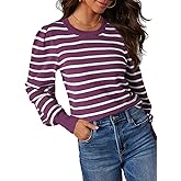 Dokotoo Women's Striped Sweaters Puff Long Sleeve Crewneck Ribbed Knit Pullover Jumper Tops
