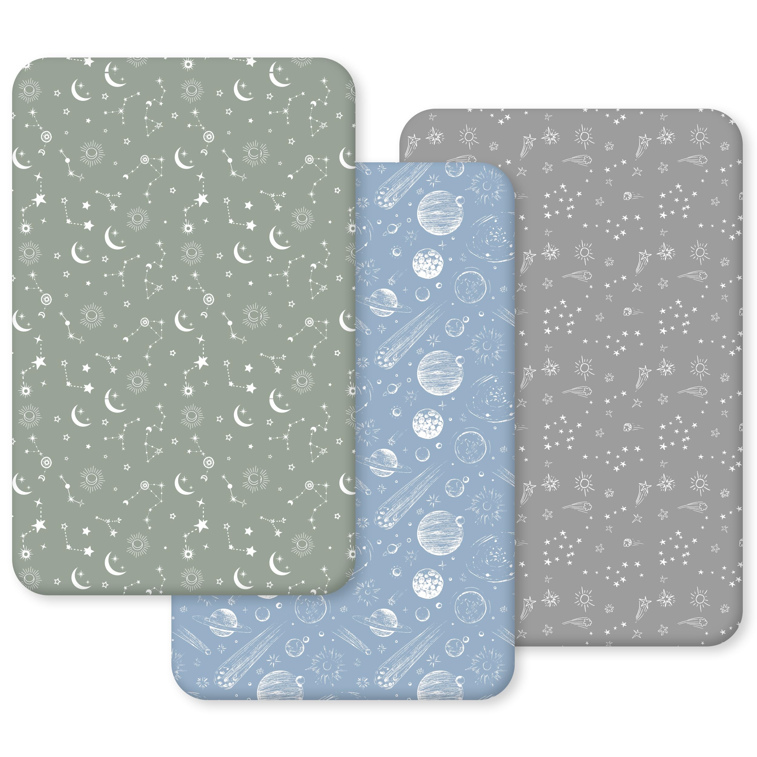 Unnivoll Next to Me Crib Sheets 51 x 85 cm Super Soft & Breathable Bedside Crib Fitted Sheets 3 Pack Gray Green Constellation