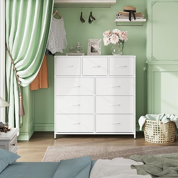 WLIVE 9-DRAWER DRESSER, FABRIC STORAGE TOWER FOR BEDROOM, HALLWAY, CLOSET, TALL CHEST ORGANIZER UNIT FOR BEDROOM WITH FABRIC BINS, STEEL FRAME, WOOD TOP, EASY PULL HANDLE, WHITE