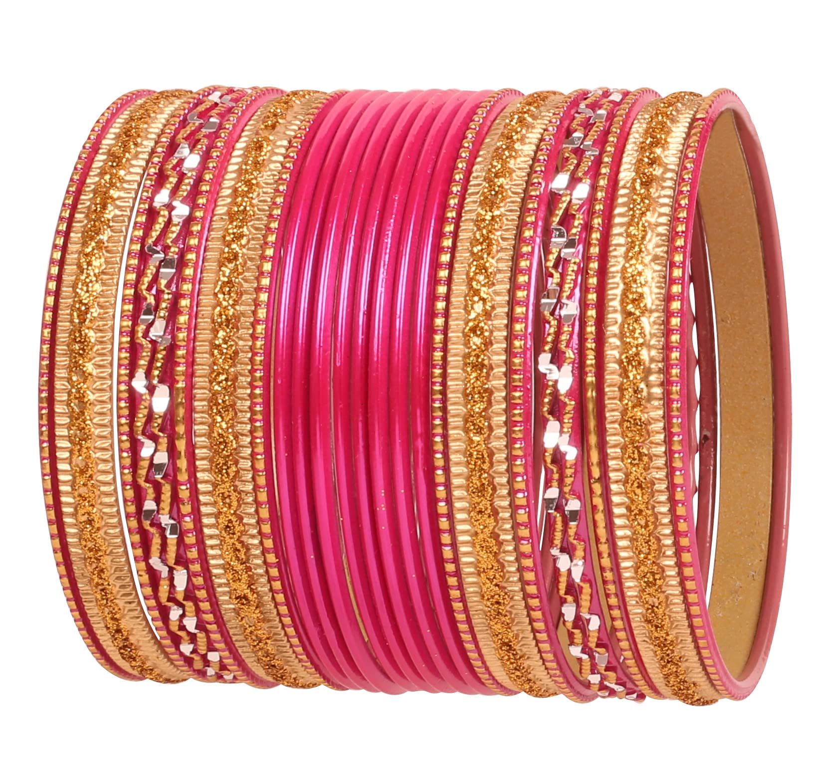Touchstone New Colorful 2 Dozen Bangle Collection Indian Bollywood Alloy Metal Textured Hot Pink Golden Designer Special Large Size Bangle Bracelets Set of 24. in Antique Gold Tone for Women