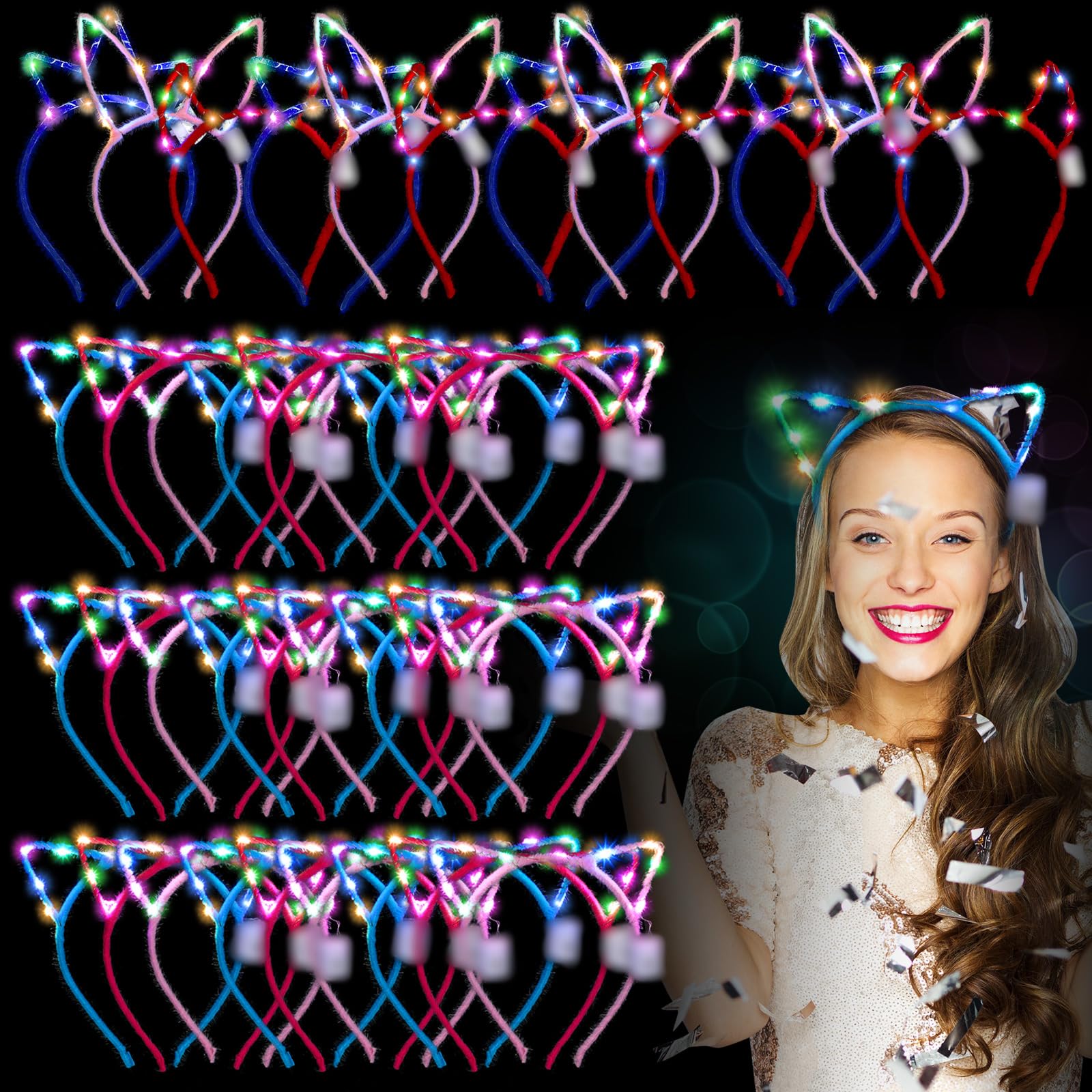 Xinnun 64 Pieces Light up Cat Ears Headband Bunny LED Glow in Dark Cat Animals Ears Hairband Holiday Lighted Supplies for Adult Birthday Rave Favor