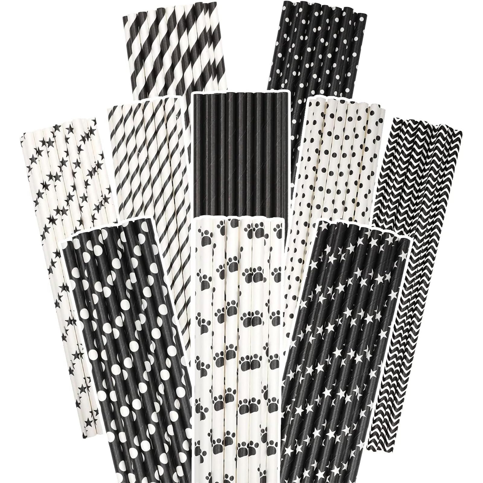 Gcardist Black Paper Straws for Drinking Black Disposable Straws 100pcs Bulk（10 Pattern）