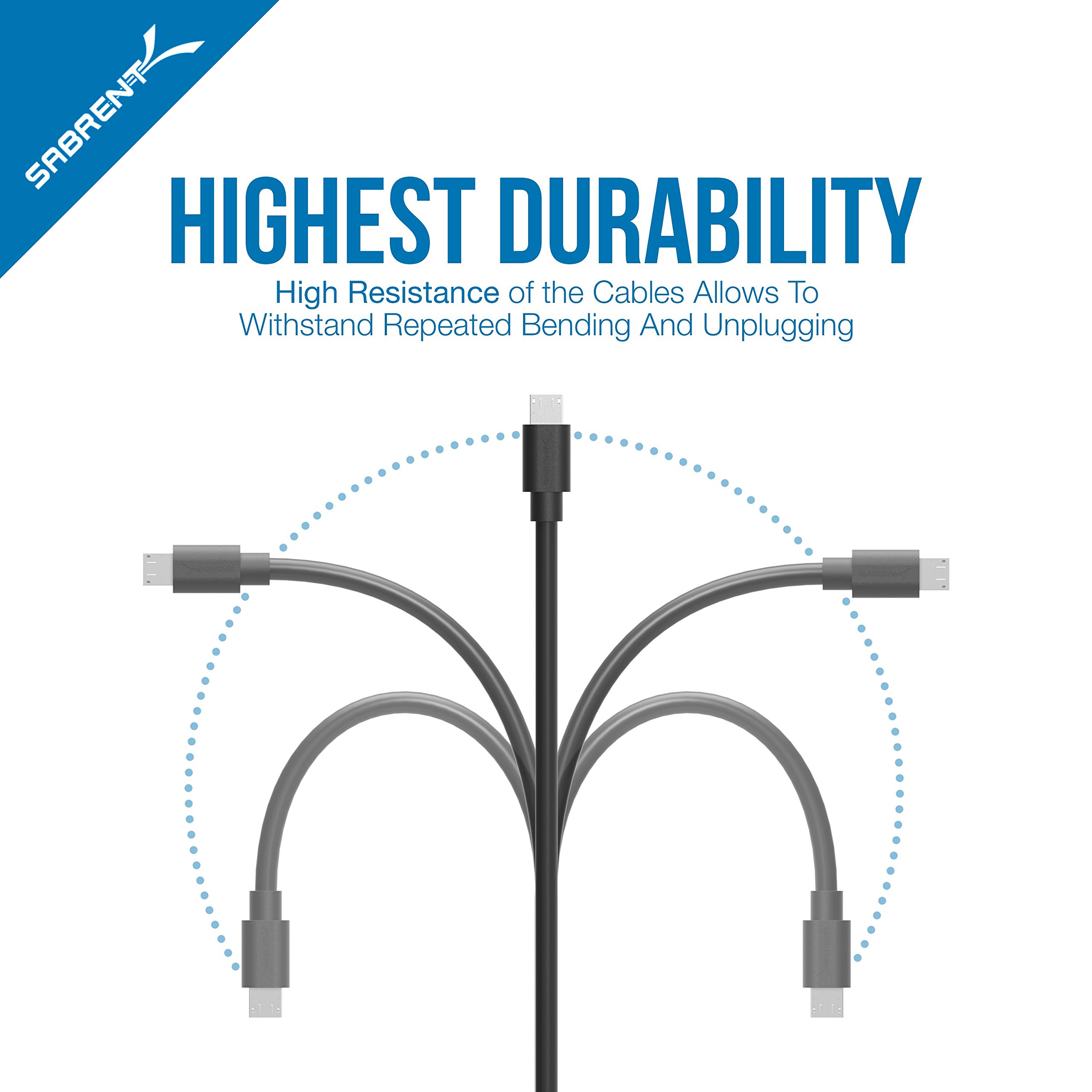 SABRENT [6-Pack 22AWG Premium Micro USB Cables (X3-3ft + X3-1ft) High Speed USB 2.0 A Male to Micro B Sync and Charge Cables [Black] (CB-U631)