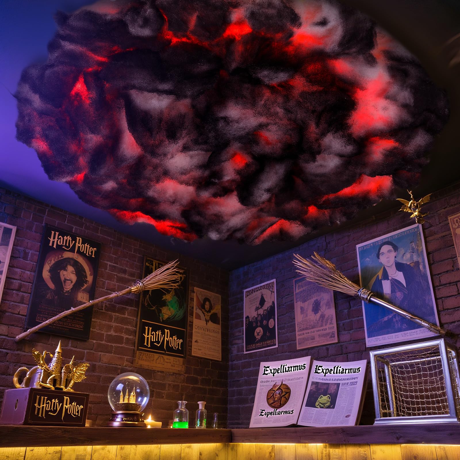 Photo 1 of RoundFunny 3.3 ft Halloween Cotton Cloud for Ceiling Artificial Cloud Prop Decoration Hanging Décor with LED String Light for Holiday Party Room Stage Magic Horror School Classroom Supplies