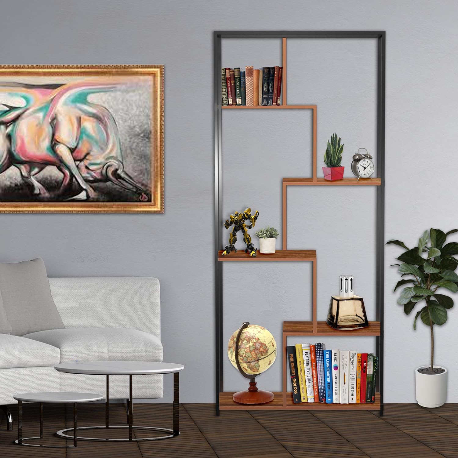 5 Tier Multishelf Storage Organizer Bookcase and Display Rack Brown Shelves with Black Steel Frame: Furniture & Decor