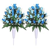 Lodou Artificial Cemetery Flowers,Outdoor Grave Decorations Roses,Arrangements Bouquet with Cemetery Vase, Silk Flowers for Long-Lasting Remembrance (Blue)