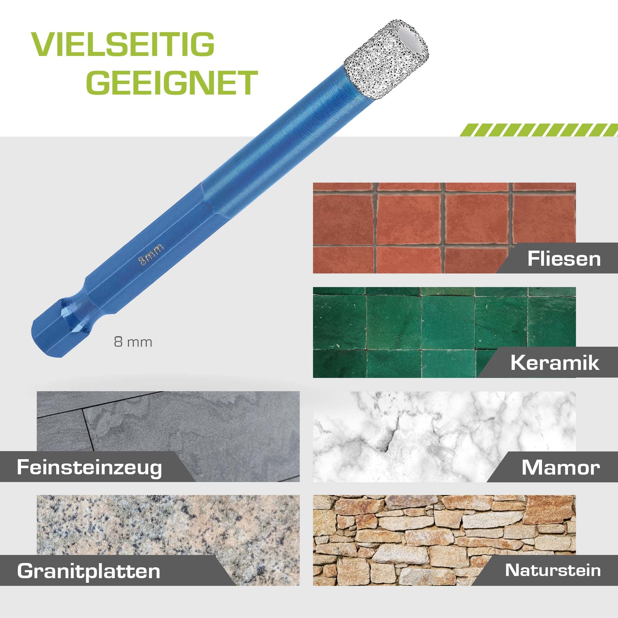 Profi Fliesenbohrer 8mm BIT Adapter - Diamantbohrer für Feinsteinzeug, harte Fliesen uvm. Diamantbohrkrone für Bohrmaschinen | rendech® Markenqualität 6