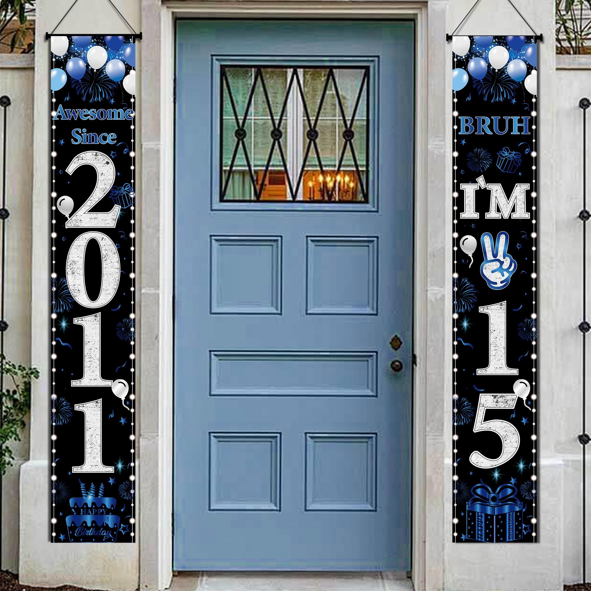 15th Birthday Decorations Door Banner - 2 Pcs Blue Awesome Since 2011 Bruh I'm 15 Happy Birthday Party Banners Porch Sign for Teenager Girls Boys Party Background Decor Supplies, 180 × 30 cm