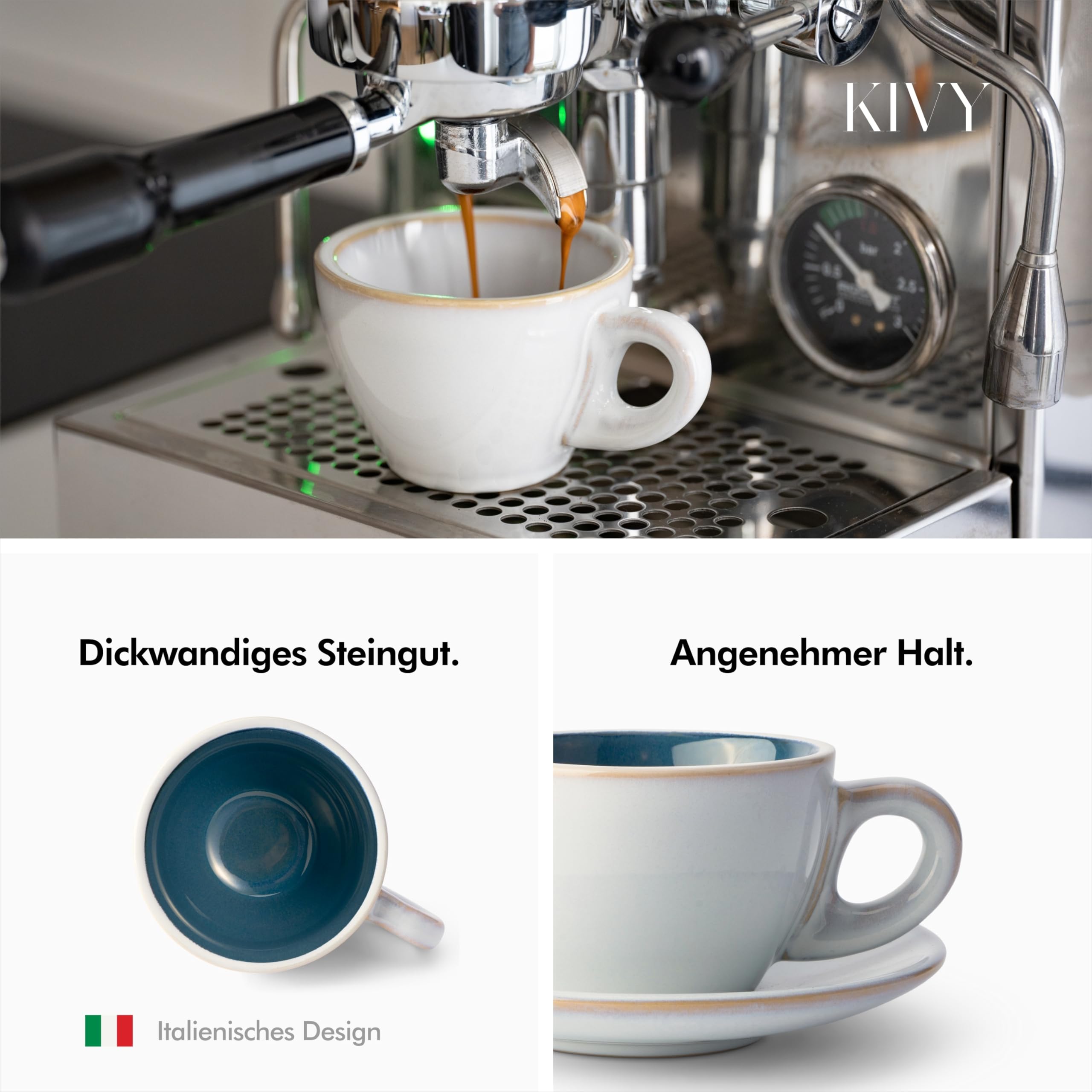 KIVY Cappuccino Tassen Dickwandig [4 x 240ml] - Handgefertigte Steingut Tasse - Kaffeetassen mit Untertassen - Cappuccinotassen Grau Blau- Milchkaffee Tassen Groß - Cappuccino Tasse mit Untertasse 2