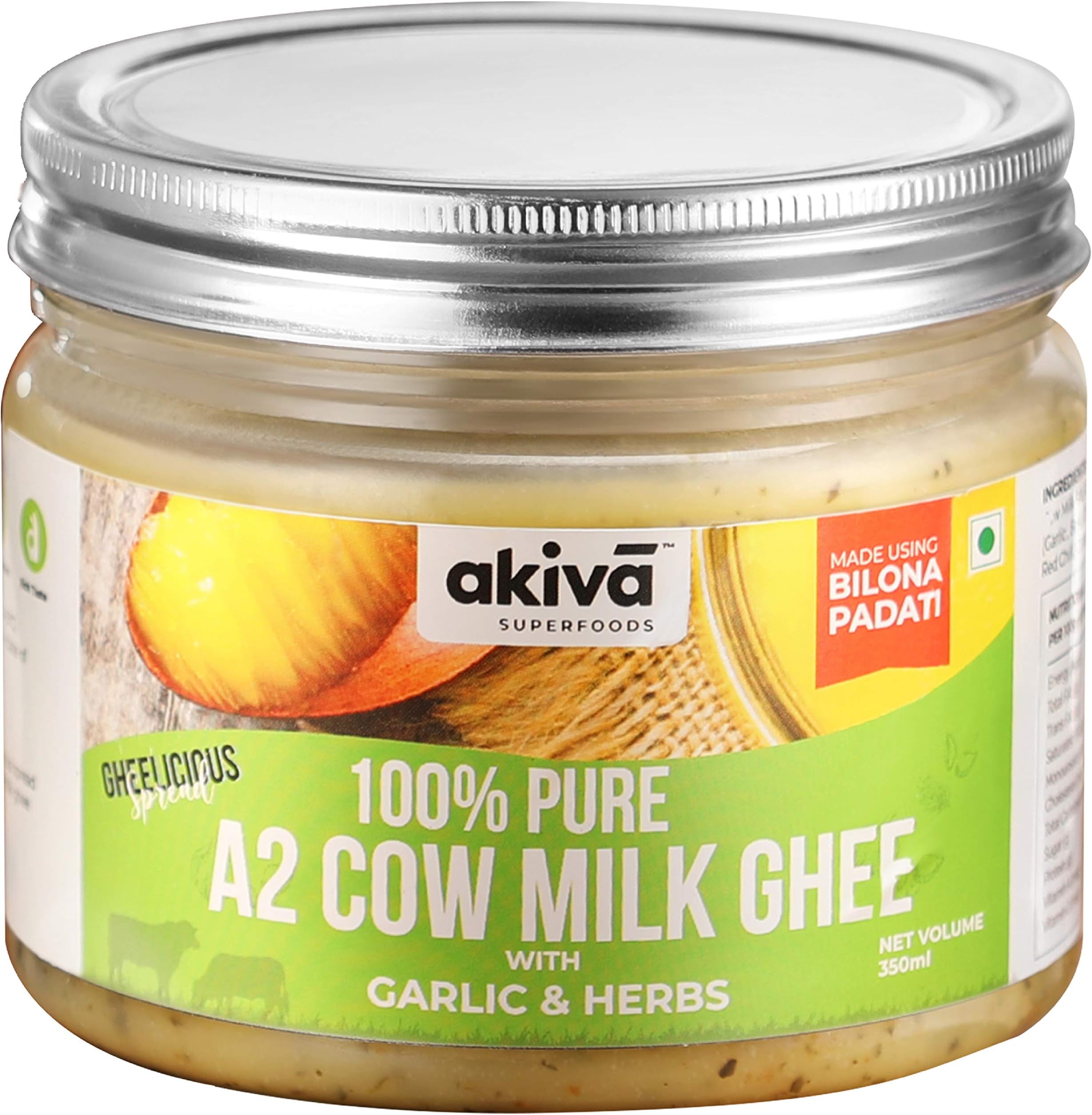 Akiva A2 Cow Ghee from Grass-Fed Desi Sahiwal Cow's Milk, 350 ml - Garlic and Herbs Flavour - Made f
