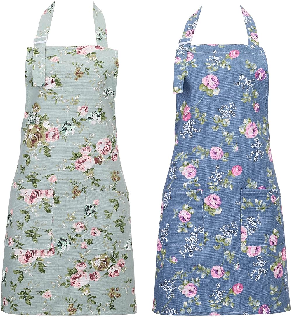 FANTESI 2 Pack Floral Kitchen Aprons Adjustable Pockets Women