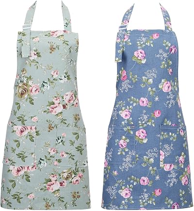FANTESI 2 Pack Floral Kitchen Aprons Adjustable Pockets Women