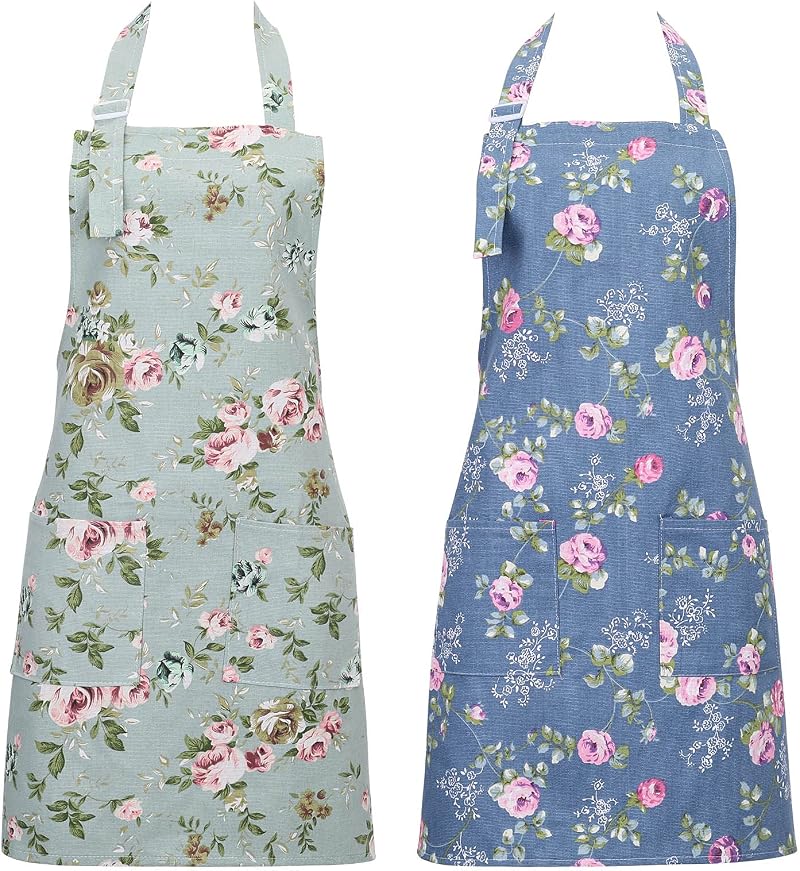 FANTESI 2 Pack Floral Kitchen Aprons Adjustable Pockets Women