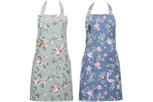 SUSSURRO 2 Pack Floral Aprons with 2 Pockets, Cotton Chef Bakers Apron Cooking Baking Adjustable Kitchen Aprons with Rose Pat