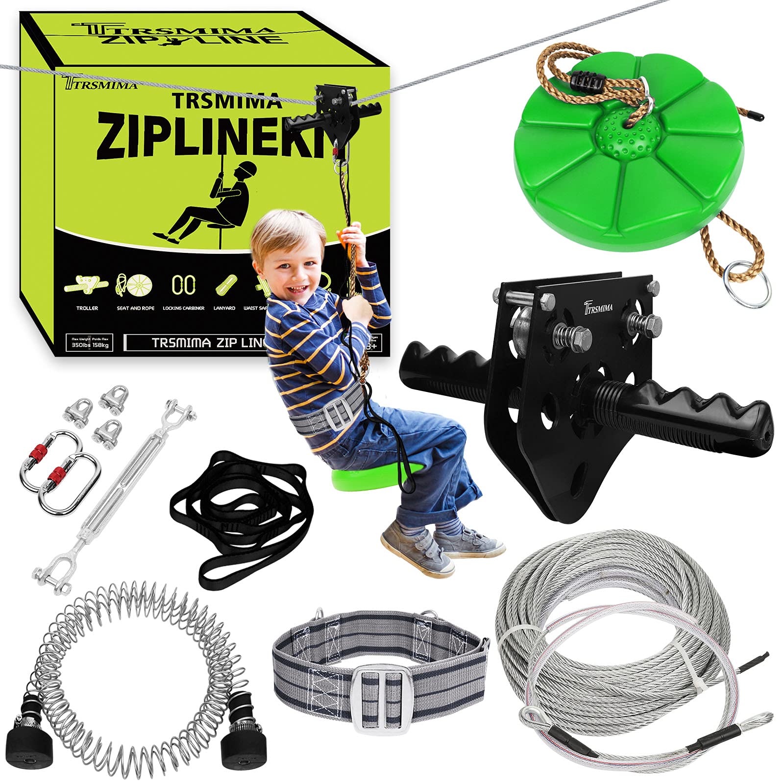 Photo 1 of 100ft /120ft /150ft Zip Line Kit for Kids and Adult Up to 350 lb with Zipline Spring Brake and Safety Harness, Zip line Trolley with Handle and Thickened Seat,for Backyard Playground Entertainment