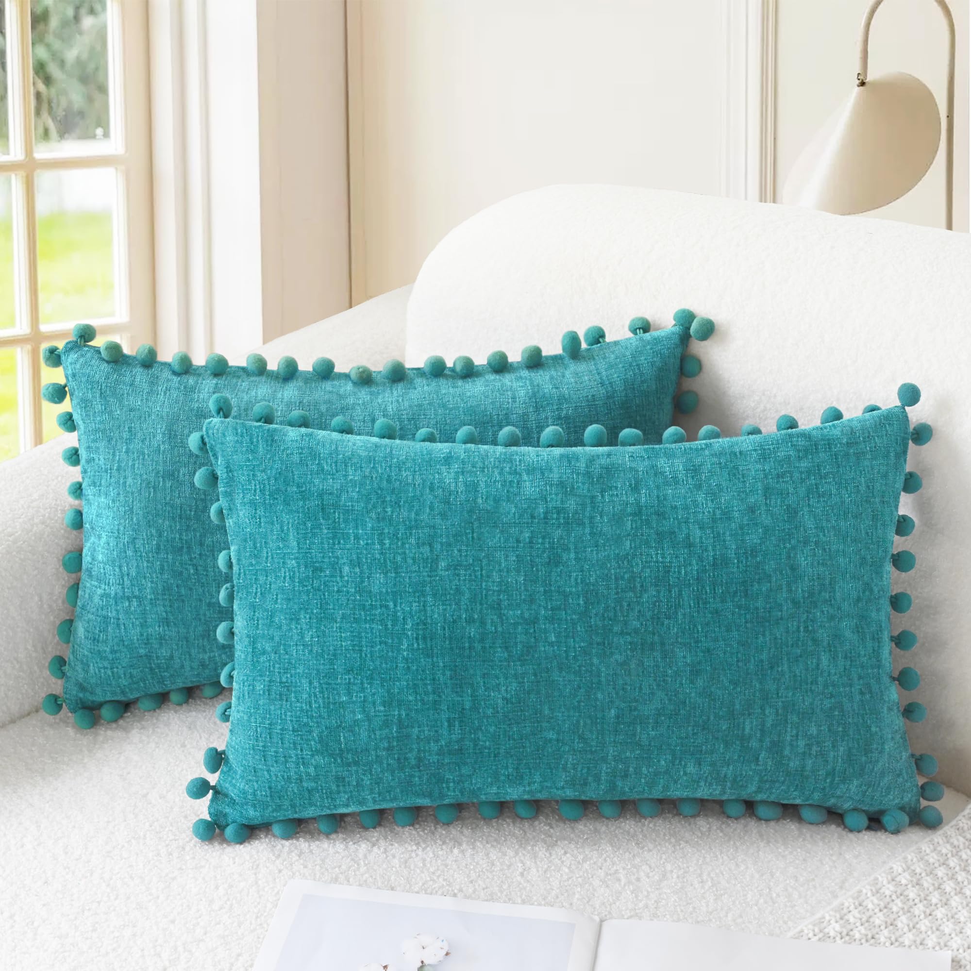 CaliTime Throw Pillow Cases Pack of 2 Cozy Solid Dyed Soft Chenille Cushion Covers with Pom Poms for Couch Sofa Home Decoration 30cm x 50cm Lake Blue