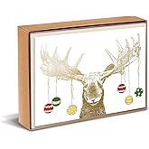Graphique Moose Antlers Holiday Cards | Pack of 15 Cards with Envelopes | Christmas Greetings | Gold Foil and Embossing | Boxed Set | 4.75" x 6.625"