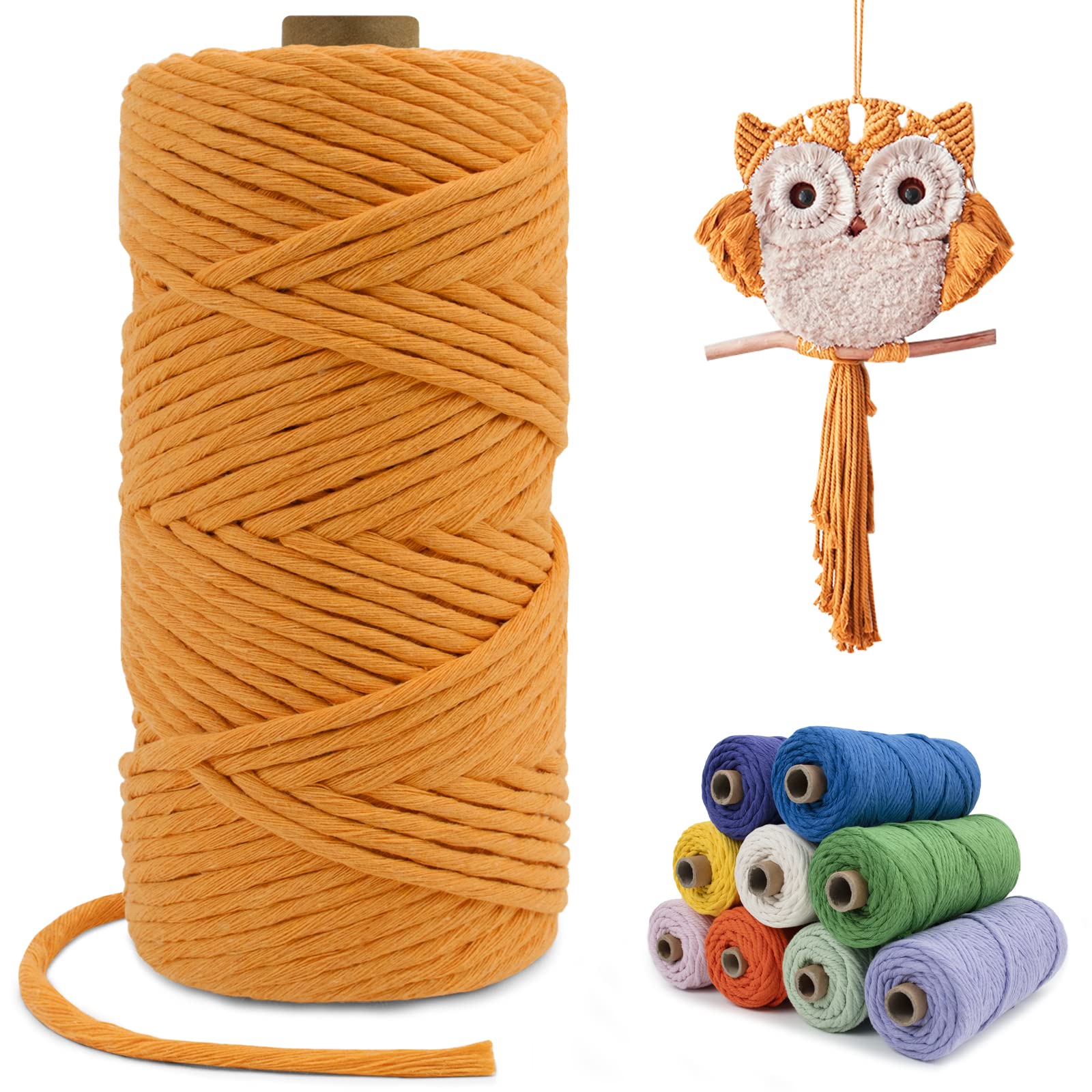 LEREATI Macrame Cord 4mm x 100m, Single Strand Thick Macrame Rope Yarn Natural Cotton Cord, Craft Macrame String for Plant Hanger, Wall Hanging, Knitting, DIY, Home Decorations (Golden)