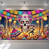 BlissYard Day of the Dead Banner Sugar Skull Decorations 71 x 43 Inch | Dia de los Muertos Banner Sugar Skull Mexican Photo Backdrop for Home Party Photo Booth Pumpkin Floral