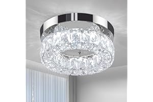 Brylokra 9.8 Inch Modern Crystal Chandelier Small Flush Mount Ceiling Light Fixture LED Crystal Ceiling Light for Bedroom Dining Living Room Hallway (6000K Cool White, Height Adjustable)