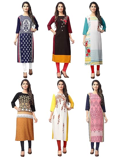 Women's Multi-Coloured Crepe Knee Long W Style Kurtas/Kurti Combo (Set of 6)