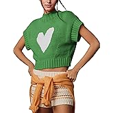 TAQCUX Womens Sweater Vest Mock Neck Cap Sleeve Sweater Tank Tops Cute Heart Knit Cropped Pullover Top