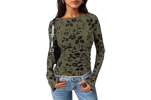 PRETTYGARDEN Women Long Sleeve Floral Mesh Tops Blouse 2025 Fall Trendy Boat Neck Ruched Fitted Shirt Going Out Date Outfits