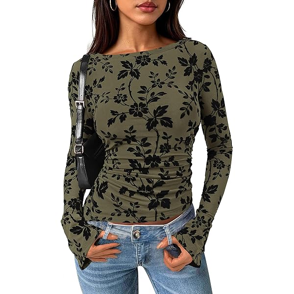 ZESICA Womens Floral Long Sleeve Shirts 2025 Fall Boat Neck